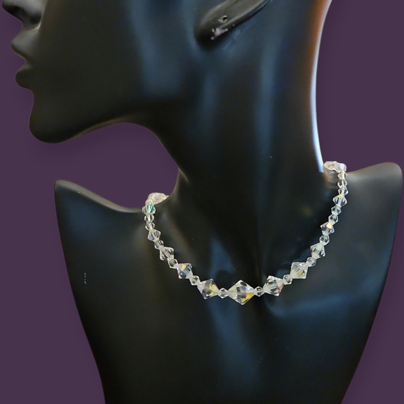 Vintage Jewelry - Vintage Aurora Borealis Crystal Bicone Choker Formal Bridal Necklace